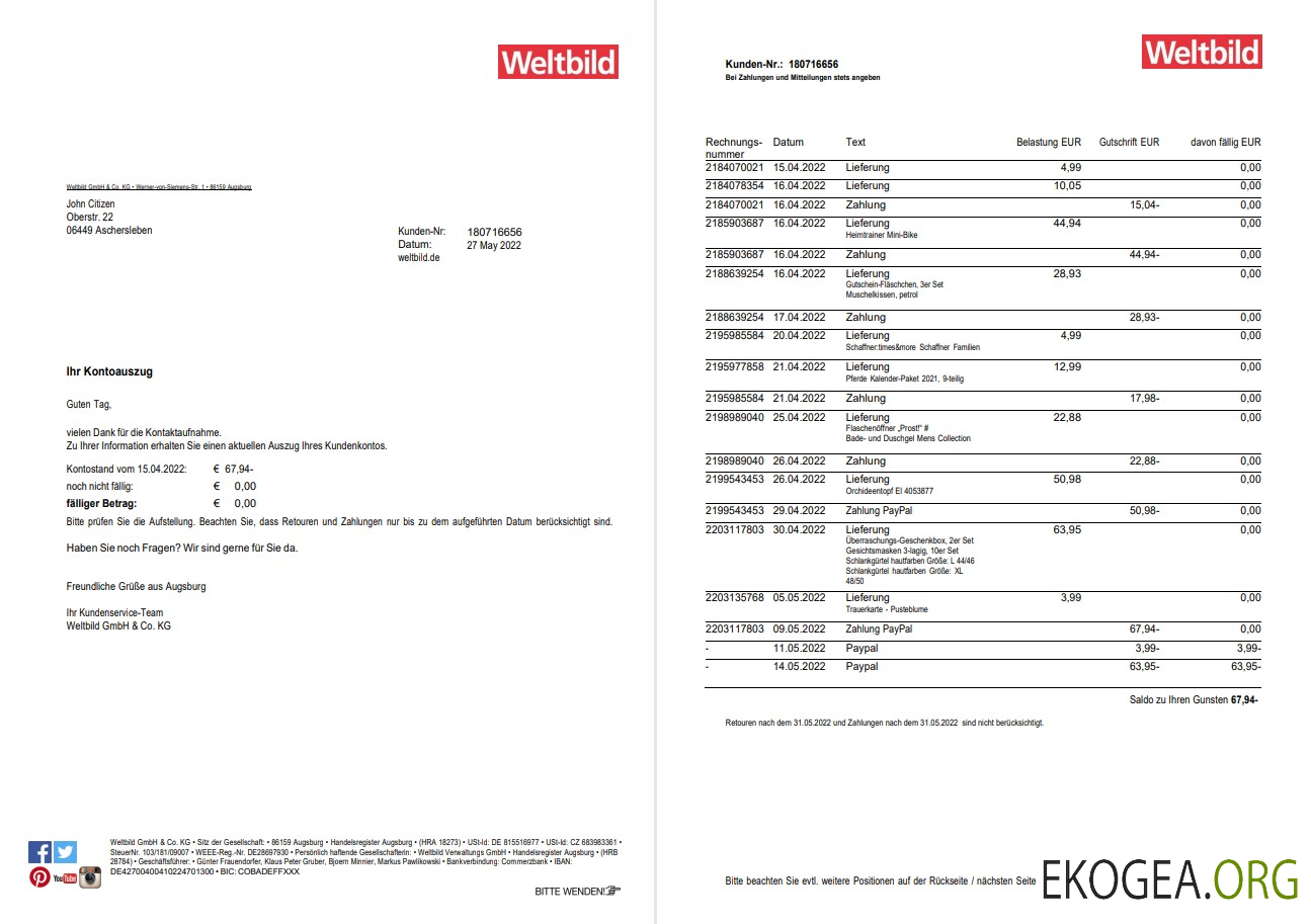 Allemagne Relevé bancaire Weltbild 2 pages